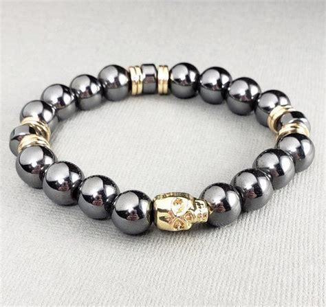 Men S Gold Skull Bracelet With Silver Hematite