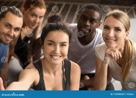 Sporty Multiracial Friends Taking Group Selfie Holding Looking A Stock