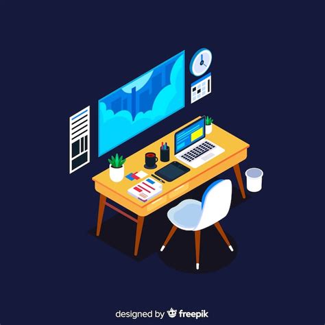 Free Vector Isometric View Of Modern Office Desk With Flat Design