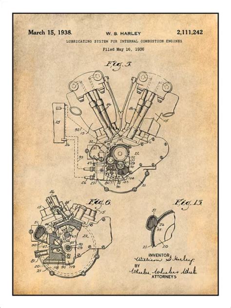 Harley Davidson Knucklehead Engine Patent Print Art Drawing Poster