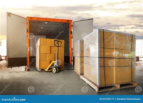 Packaging Boxes Stacked On Pallets Loading Into Cargo Container