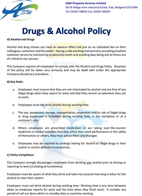 Drug Free Workplace Policy Template Web For An Fta Fmcsa Sample Policy