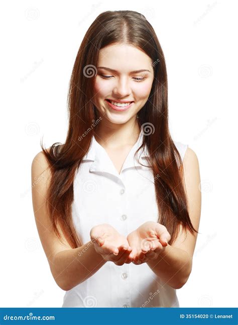 Holding Her Hand Showing Something Stock Photo Image Of Brunette