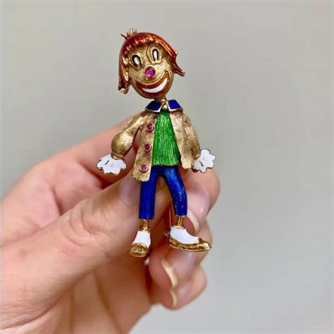 Unusual Martine 14k Yellow Gold Colorful Enamel Clown Brooch Historic Shop