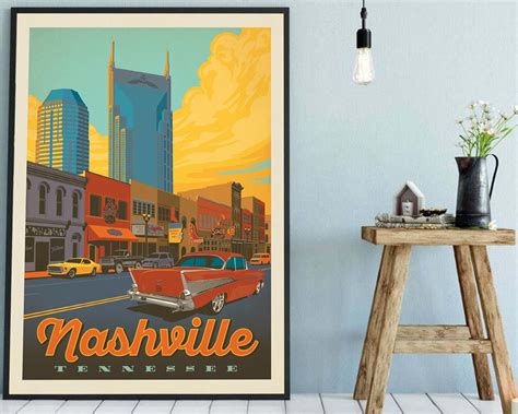 Nashville Tn Travel Poster Broadway Sunset Print Art Vintage Etsy