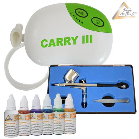 Profi AirBrush Kompressor Set Carry III mit Airbrush Farben 6er Set für