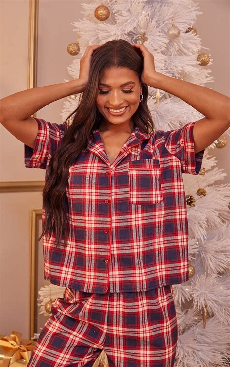 Top De Pyjama Imprimé Carreaux Rouges Mix Match À Manches Courtes Et Boutons Lingerie