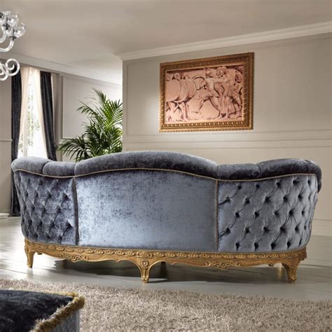 Classic Curved Blue Velvet Upholstered Sofa - Juliettes Interiors