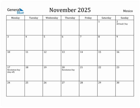 November 2025 - Mexico Monthly Calendar with Holidays