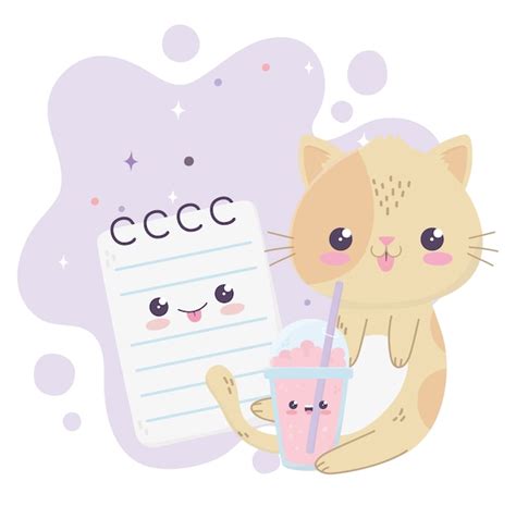 Lindo Gato Batido Y Bloc De Notas Kawaii Personaje De Dibujos Animados