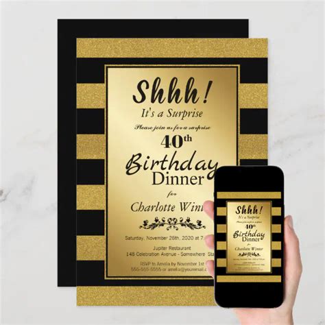 Black And Gold Glitter Surprise 40th Birthday Dinner Invitation Zazzle