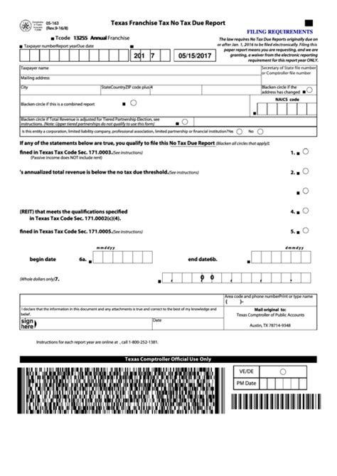 Fillable Texas Franchise Tax Annual No Tax Due Report Printable Pdf Download