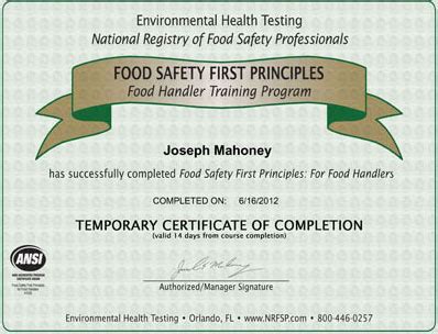 Food Safety Certificate Model