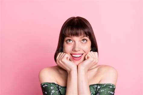 Portrait Of Attractive Cute Curious Dreamy Cheerful Girl Looking Up