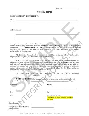 Fillable Online North Carolina Lottery Bond Form Surety Bond Fax