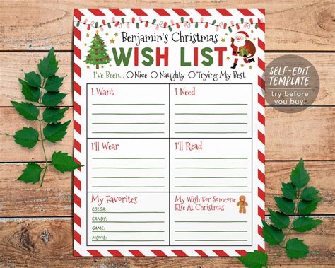 Christmas Wish List For Kids Editable Template Personalized Holiday