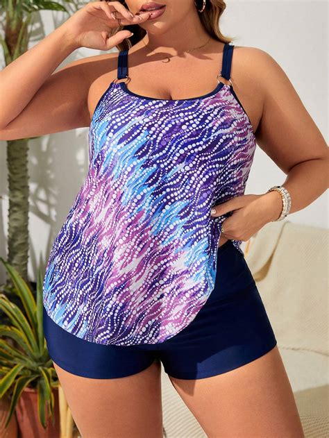 SHEIN Swim Curve Plus Size Women S Printed Circular Ring Connected Bikini Beach Outfit Tankini
