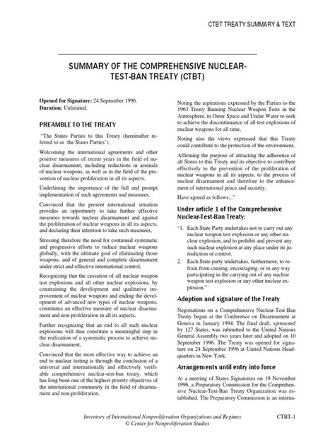 Summary Of The Comprehensive Nuclear Test Ban Treaty Ctbt Pdf