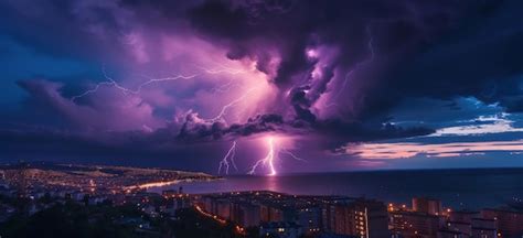 Lightning Storm Over City In Purple Light Premium Ai Generated Image