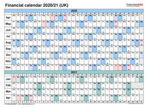 Financial calendars 2020/21 UK in Microsoft Excel format