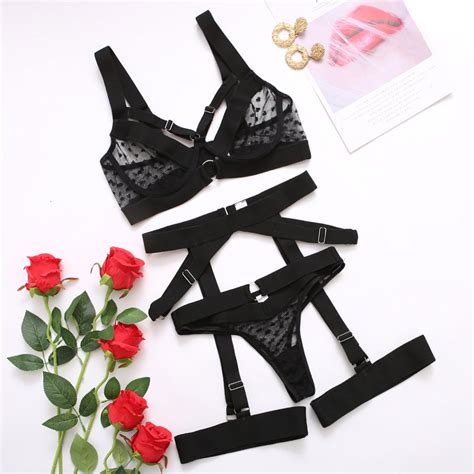 Sexy Mesh Bandage Splice Bra Panty Garter Belt 3 Piece Set Underwear Intimate Women S Lingerie
