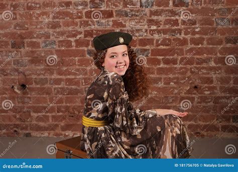 Red Haired Girl In Military Uniform Smiles Stock Image Image Of