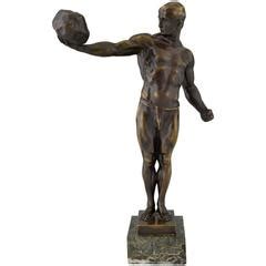Antique Bronze Sculpture Athletic Male Nude With Stone 1900 At 1stDibs