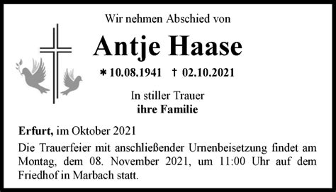 Traueranzeigen Von Antje Haase Trauer In Thueringen De