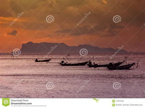 Longtail Boats During Sunset In Koh Samui Thailand Stock Image Image