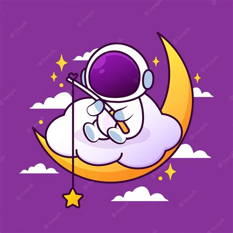 Lindo Astronauta Pescando Una Estrella En La Luna Vector Premium