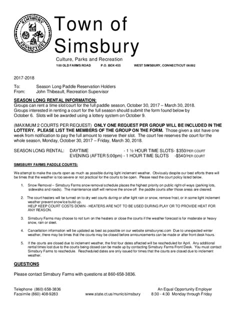 Fillable Online Simsbury Culture Parks And Recreation Department Log