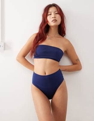 Monki Mix And Match Slip Bikini Sgambati A Vita Alta Blu Navy ASOS