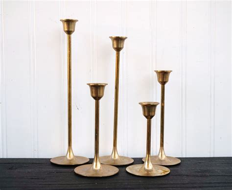 Graduated Brass Candlestick Holders Set Of 5 Solid Brass Candle Holders Mid Century Decor