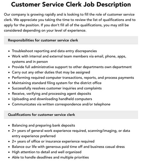 Customer Service Clerk Job Description Velvet Jobs