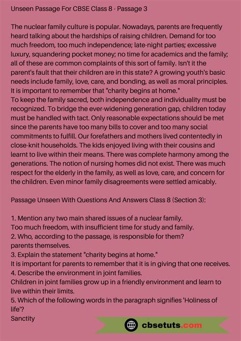 Unseen Passage For Class 8 Pdf With Answers Cbse Tuts