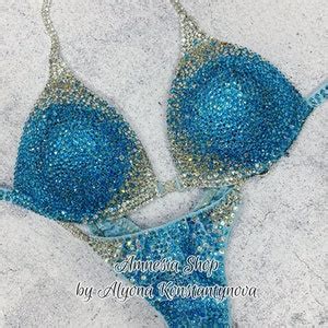 Blue Competition Bikini Set Rhinestone Fitness NPC IFBB WBFF