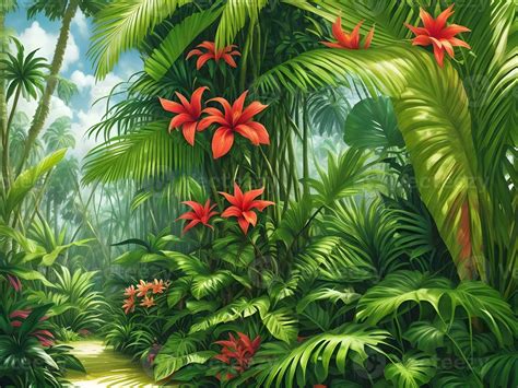 Jungle on a sunny day Beautiful tropical forest with plants flowers ...