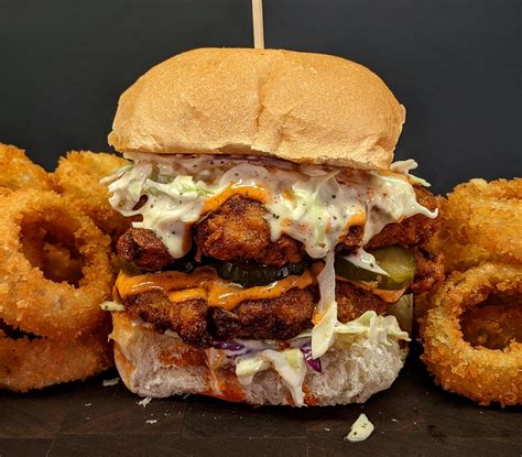 Homemade Double Chicken Burger With Onion Rings Rfood