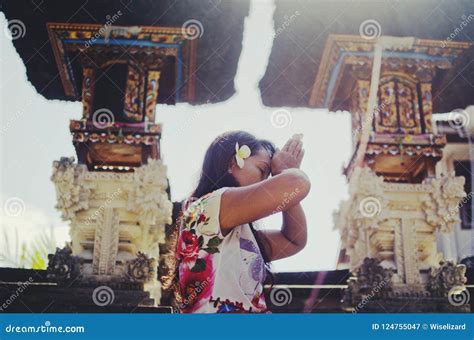 Hindu Woman Praying Inside The Balinese Temple Stock Image Image Of