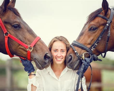 Young Rider Girl Having Fun With Two Her Horses Stock Image Image Of