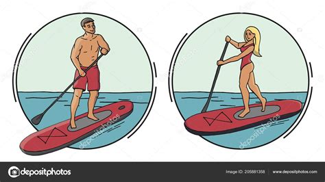 Stand Paddle Boarding Sup Surfing Cartoon Vector Illustration Young