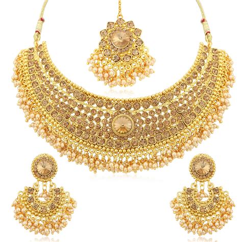 Buy Sukkhi Alloy Gold Plated Australian Diamond Choker Necklace Combo