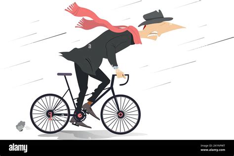 Rainy And Windy Day And Man Rides A Bike Illustration Cycling Man