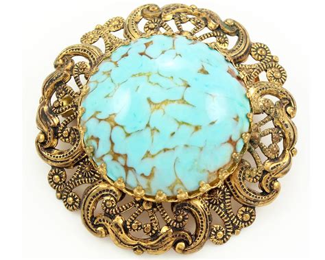 Vintage Turquoise Glass Brooch Hubbell Glass Brooch Western Germany