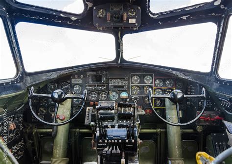 B-17 Flying Fortress cockpit with instrument panel and flight controls ...