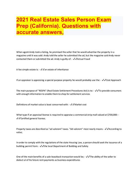 2021 Real Estate Sales Person Exam Prep California Questions With