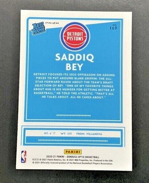 Panini Donruss Optic Saddiq Bey Pistons Rc Silver Wave