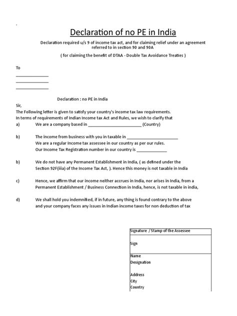 Declaration No Pe In India175145431 Permanent Establishment Income Tax