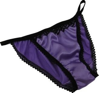 François de Loire Shiny Satin and lace Mini Tanga String Bikini Panties Lilac Mauve with Black