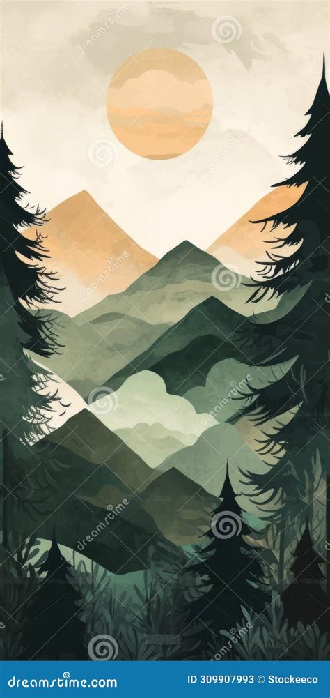 Boho Art Evergreen Forest Minimalist Mountain Landscape Stock